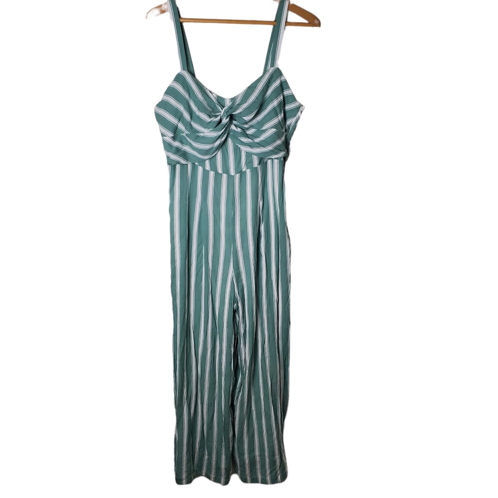 New Lulu's Elodie Sage Green Striped Jumpsuit Size L